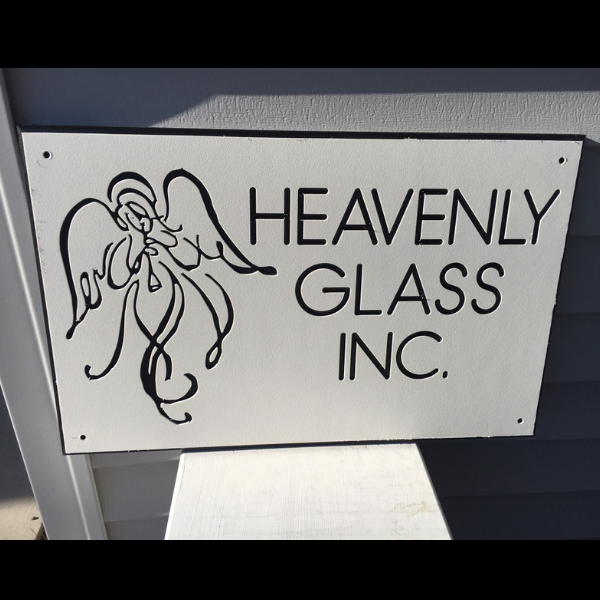 Custom black and white sign with angel for Heavenly Glass Inc.