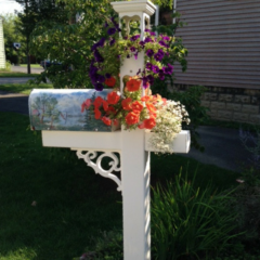 Customized planter Mailbox Post with dreamy cutouts, planter on the extended arm and colonial scroll, installed 1998