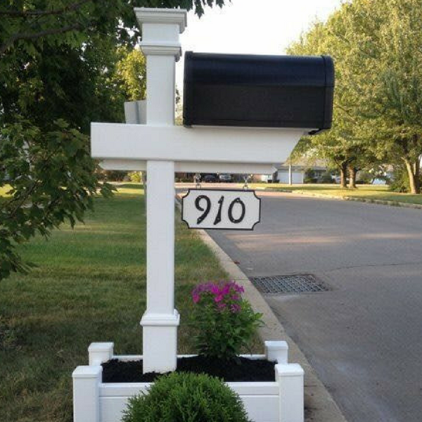 Kensington Mailbox Post with house number. Customer wanted a decorative perimeter to plant flowers.