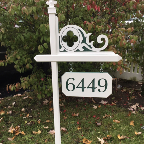 Lawn sign with green and white Celtic corner and green and white custom engraved house number sign