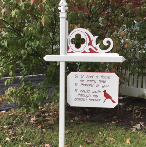 Lawn sign with two custom elements: our red and white engraved Celtic corner and red and white cardinal sign with Alfred Tennyson verse.