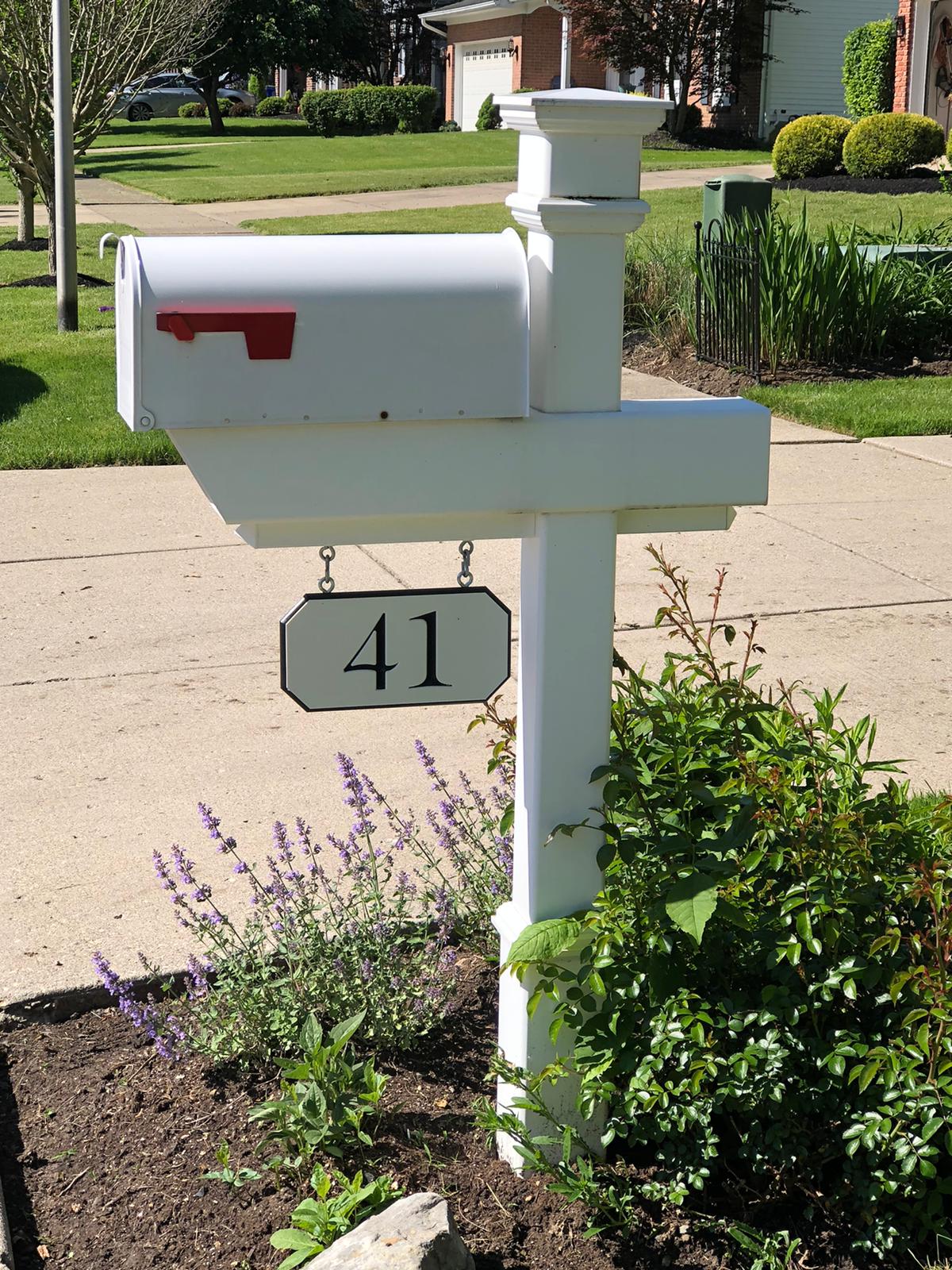 Kensington Mailbox Post with custom engraved house number sign.