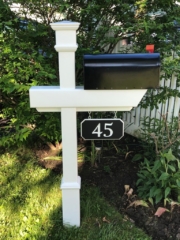 Kensington Mailbox Post with custom black-white-black engraved house number sign